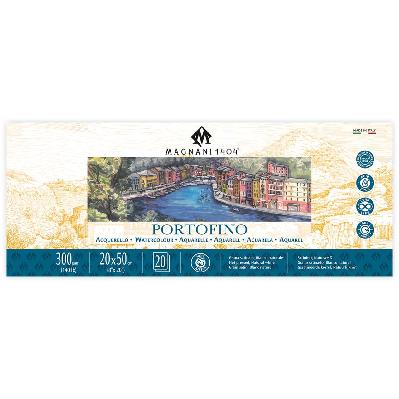 Magnani 1404 Portofino Hot Press 100% Cotton Watercolor Paper Pad, 20 Sheets, 140 lb, Acid-Free, UV Resistant, Deckled Edges, Vegan Sized Water Color Paper for Artists, Made in Italy